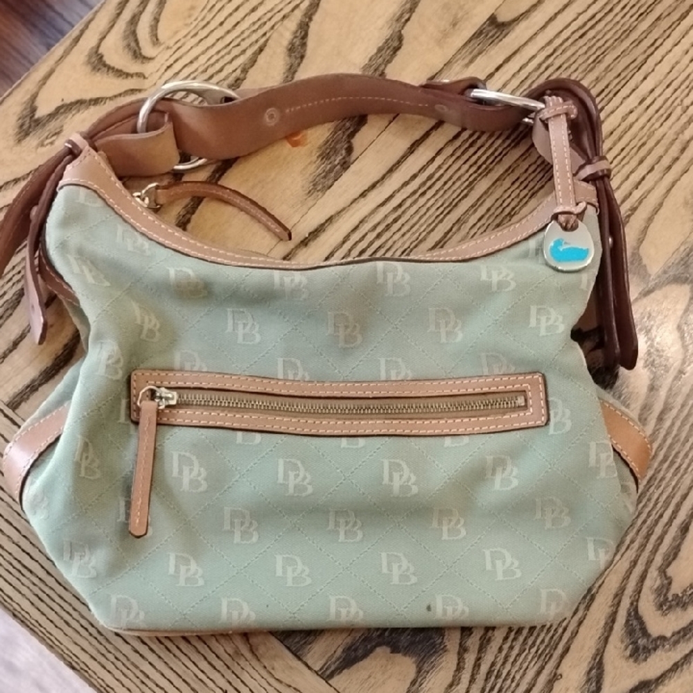Dooney & Bourke Green and Tan Shoulder Bag with Leather Accents